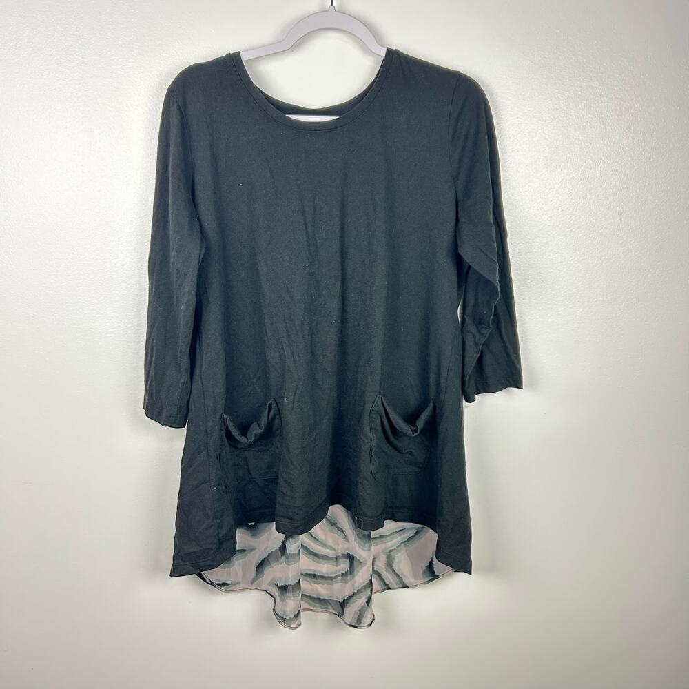 LOGO Lori Goldstein Black Gray Pink Swirl Blouse Tunic 3/4 Sleeve Size Medium